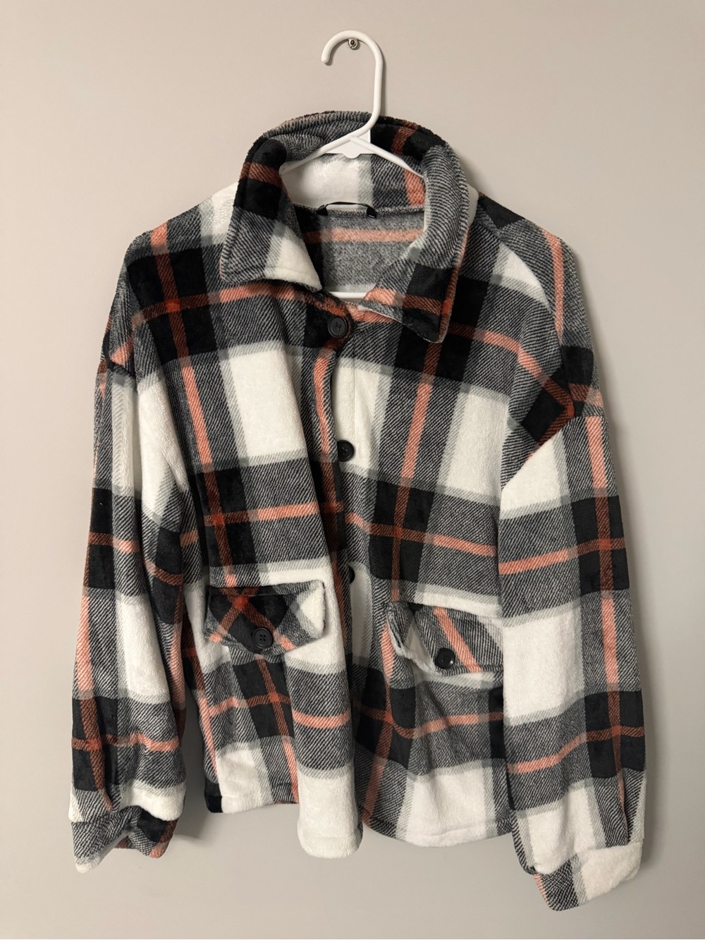 Plaid Button-Front Shacket Jacket in Black, White & Rust - Unbranded